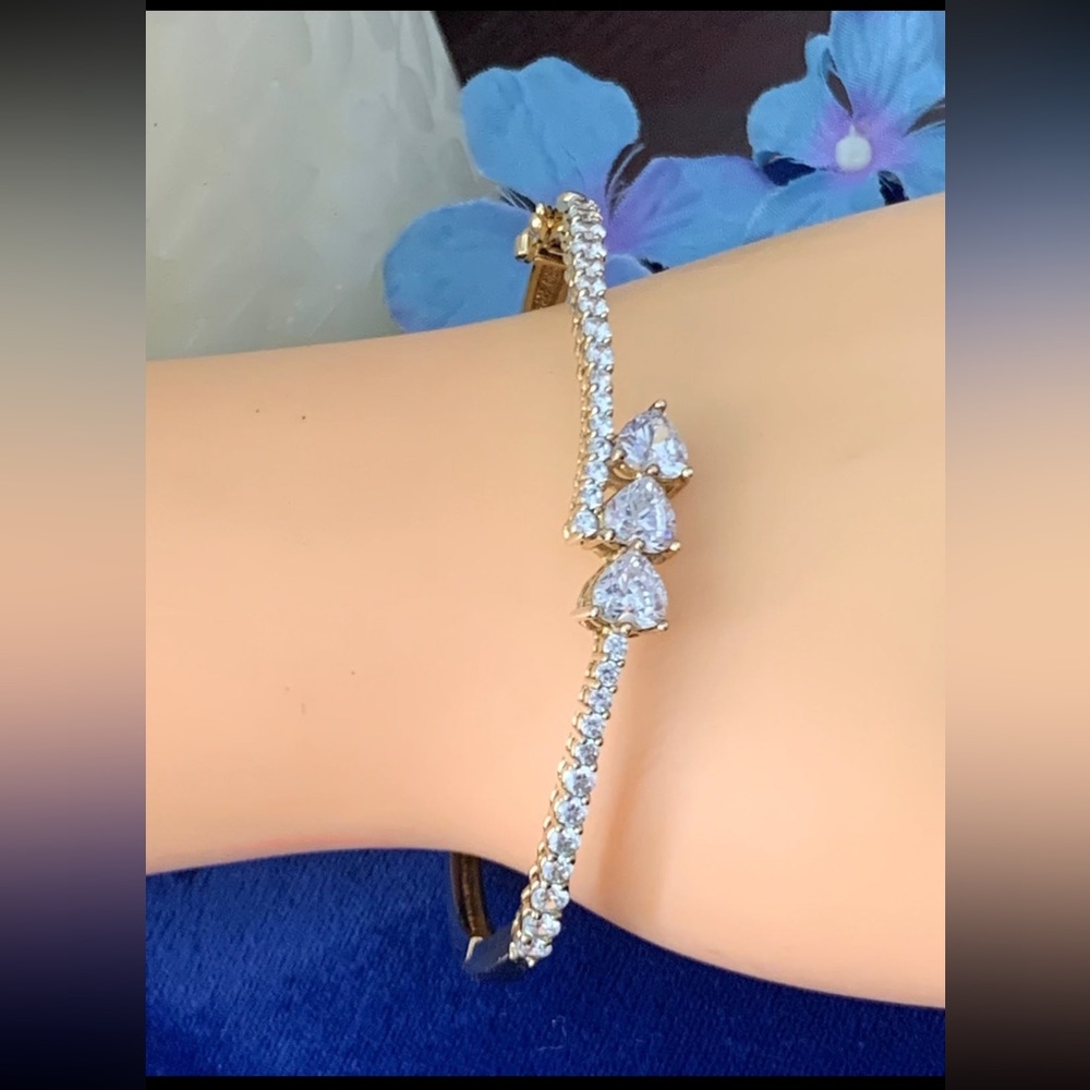 GOLD Over 925 Sterling Silver Tennis Bracelet With Shiny Heart Zircon..